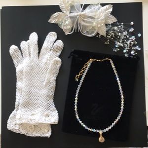 Searovski crystal necklace, gloves, decorative hair comb. Wedding accessories